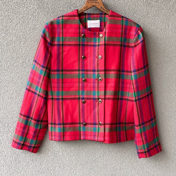 Virgin Red Wool Jacket, Vintage Louben Size 8 Blazer, Green, Yellow, Blue,Purple - Picture 6 of 12